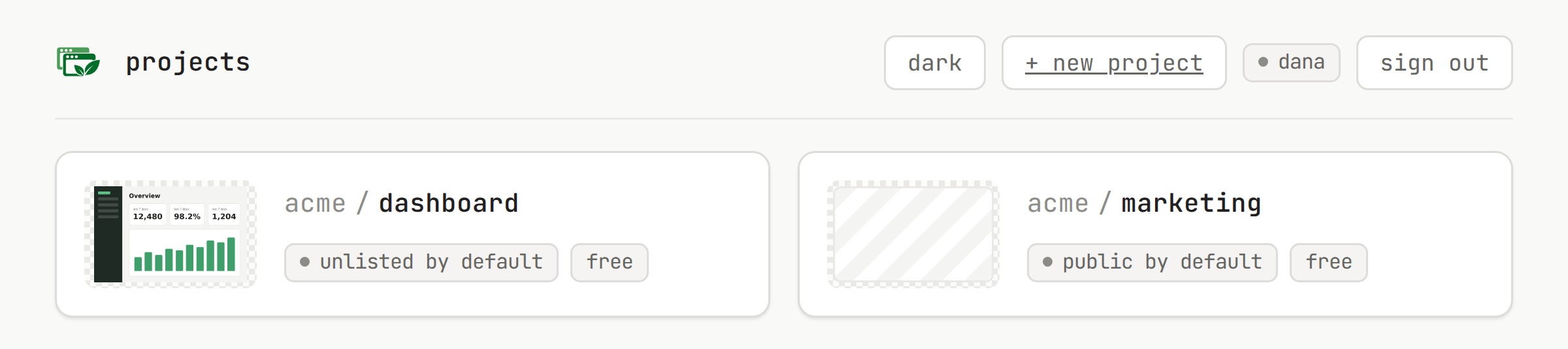 The Screenery console's projects list: the header and two project cards, as of the latest push to the default branch